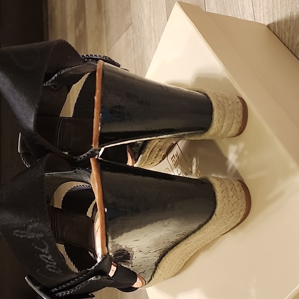 Coach Black Wedge Sandals with Tan Accents - Picture 9 of 10